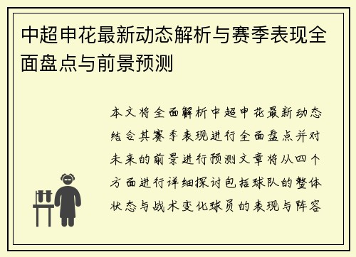 中超申花最新动态解析与赛季表现全面盘点与前景预测