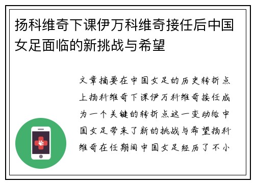 扬科维奇下课伊万科维奇接任后中国女足面临的新挑战与希望