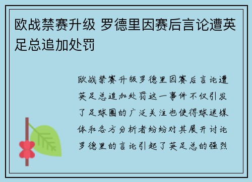欧战禁赛升级 罗德里因赛后言论遭英足总追加处罚